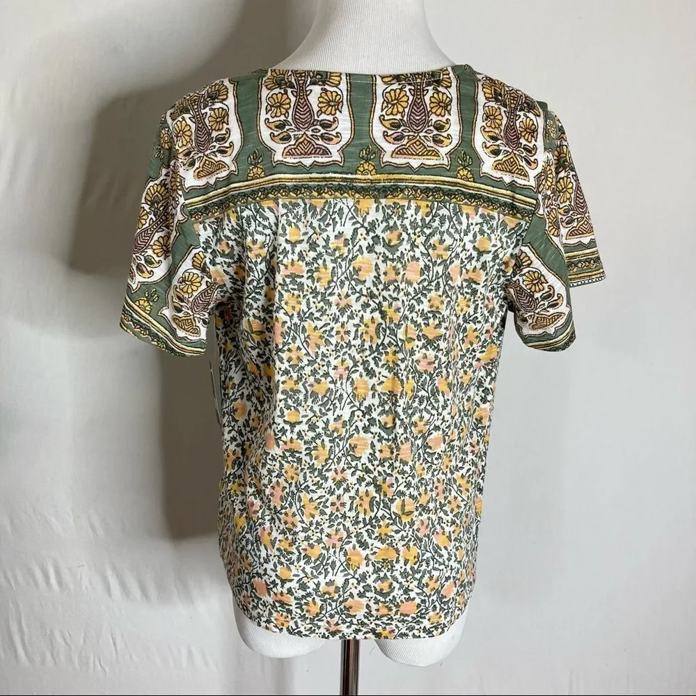 NWT Lucky Brand Tie Front Ditsy Floral Top Small Yellow Green Cottagecore Spring